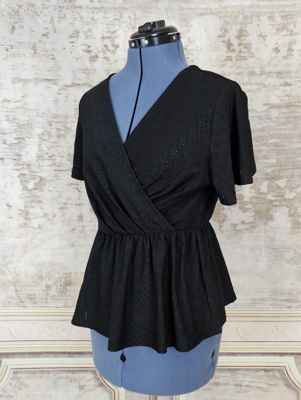 Grace Karin S Black Wrap Eyelet Peplum Blouse Flutter Sleeve S - Picture 4 of 8